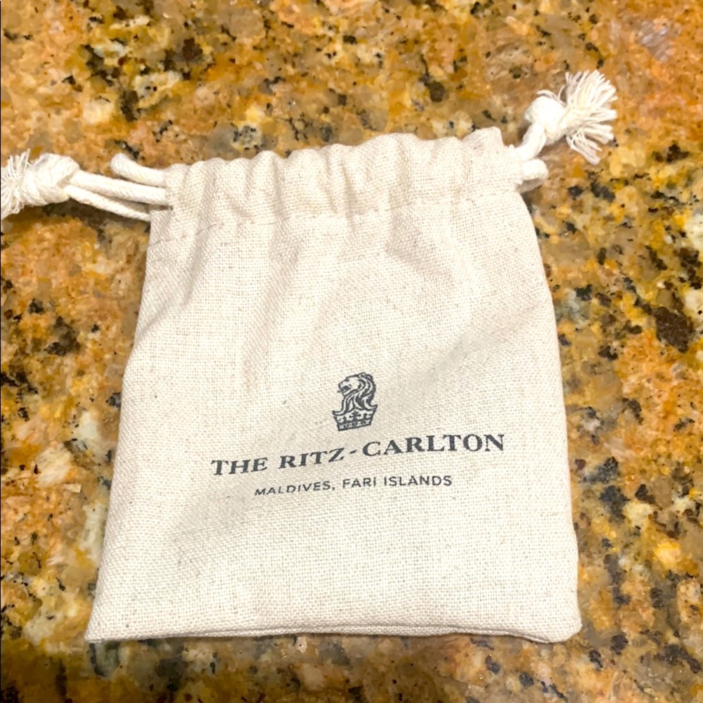 The Ritz-Carlton Beige Drawstring Pouch, brand new, authentic, linen/ cotton